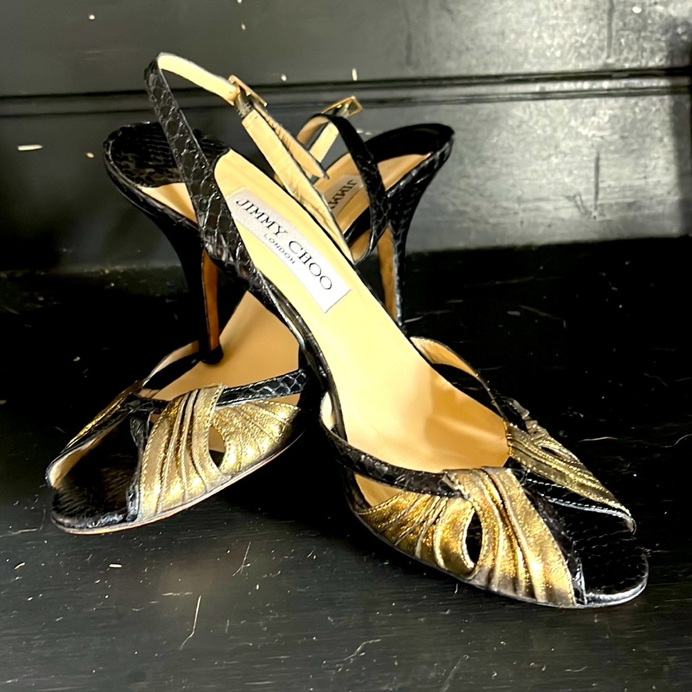 Jimmy Choo snakeskin peep toe sling back heels!